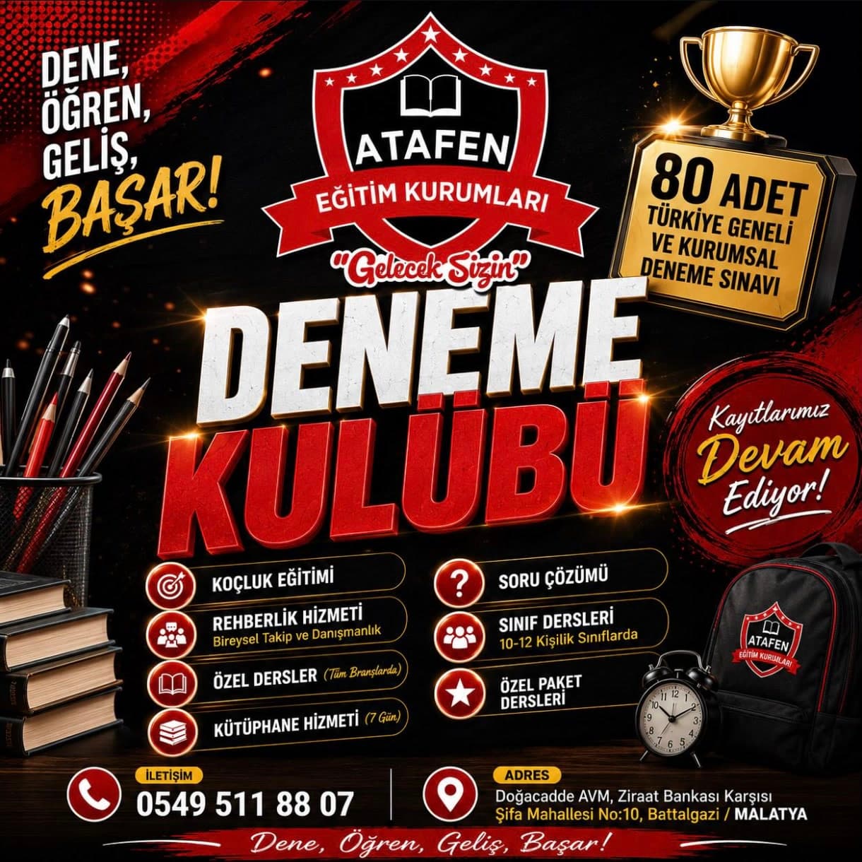 Atafen Eğitim Kurumları Deneme Kulübü afişi; 80 deneme sınavı ifadesi, kupa, kitaplar, kalemler, çalar saat ve Atafen logolu çanta.