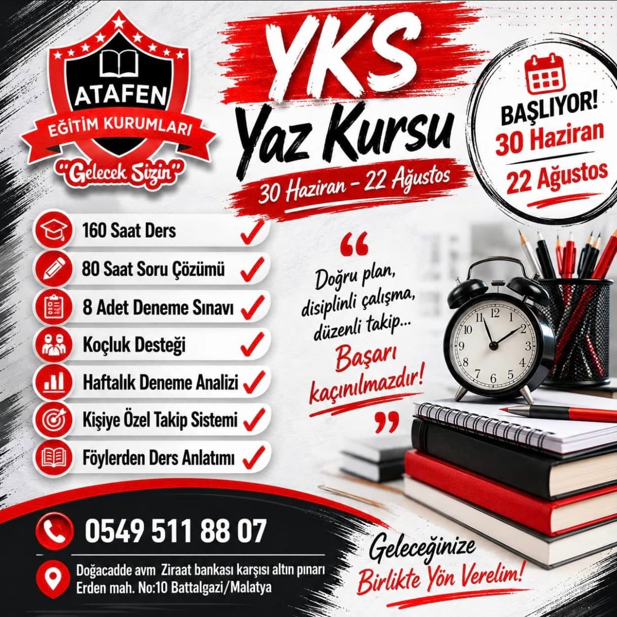 Atafen Eğitim Kurumları YKS Yaz Kursu afişi; 30 Haziran–22 Ağustos tarihleri, program içeriği, kitaplar ve çalar saat.